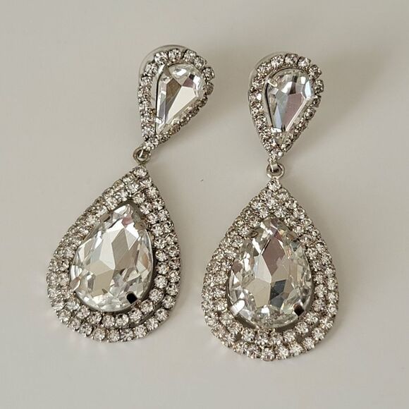 Silver Tone Earrings Crystal Double Tear Drop Earrings #0019 - Picture 7 of 8